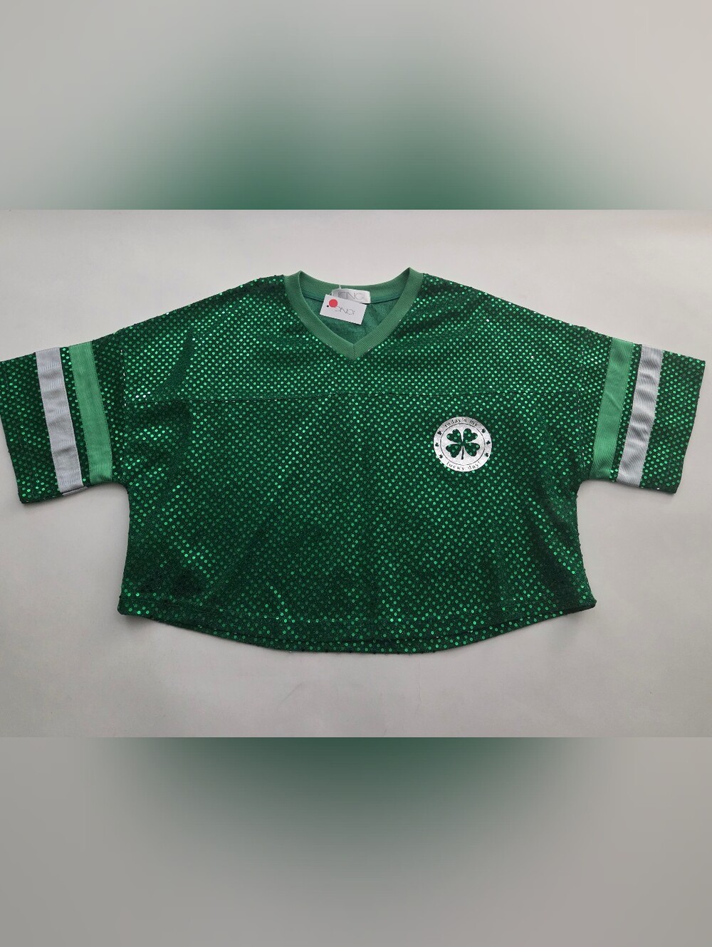 Icing O'Lucky 17 Green Sequin Glitter Crop Jersey Top One Size